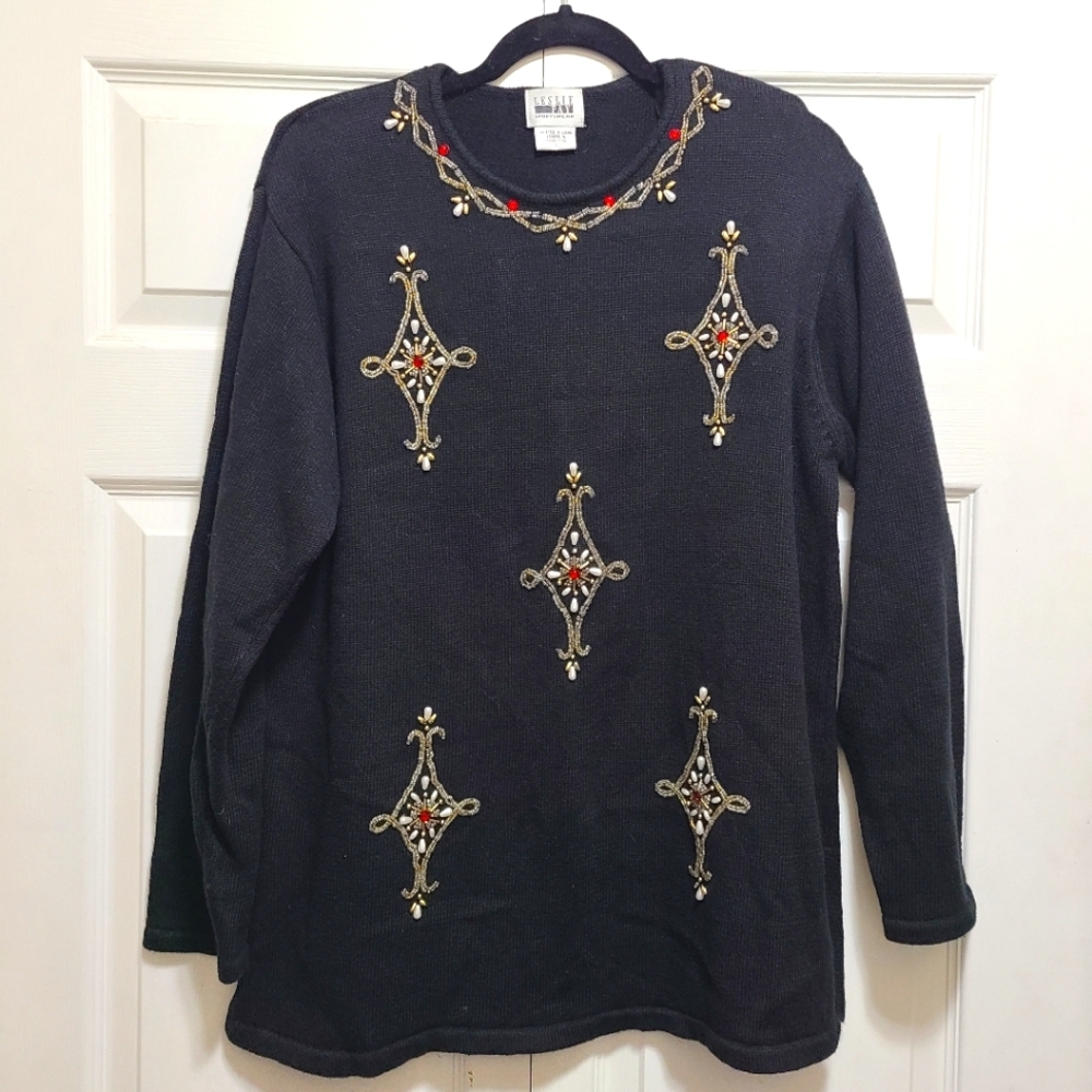 vtg Leslie Fay sportswear beaded embellished black scoop neck sweater size Large